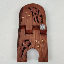 Handmade Wood Folding Book Holder Stand w Brass Inlay Made in India 