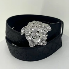 Authentic Versace Men's Belt Silver Medusa Head Black Calfskin Leather Belt