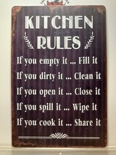 VINTAGE STYLE REPRODUCTION- TIN METAL SIGN- WALL DECOR- KITCHEN RULES SIGN-