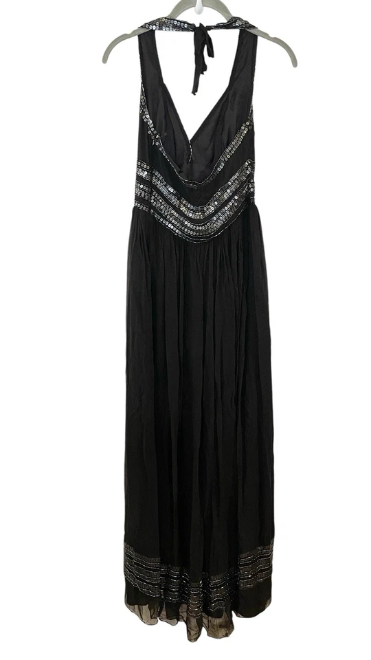 Vintage Beaded Adrianna Papell Evening Sequin 100% Silk Y2K Black Halter Maxi 4 - Image 2 of 4