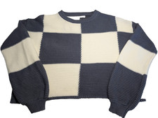 Moon Madison Blue White Checkered Knit Sweater Women's S