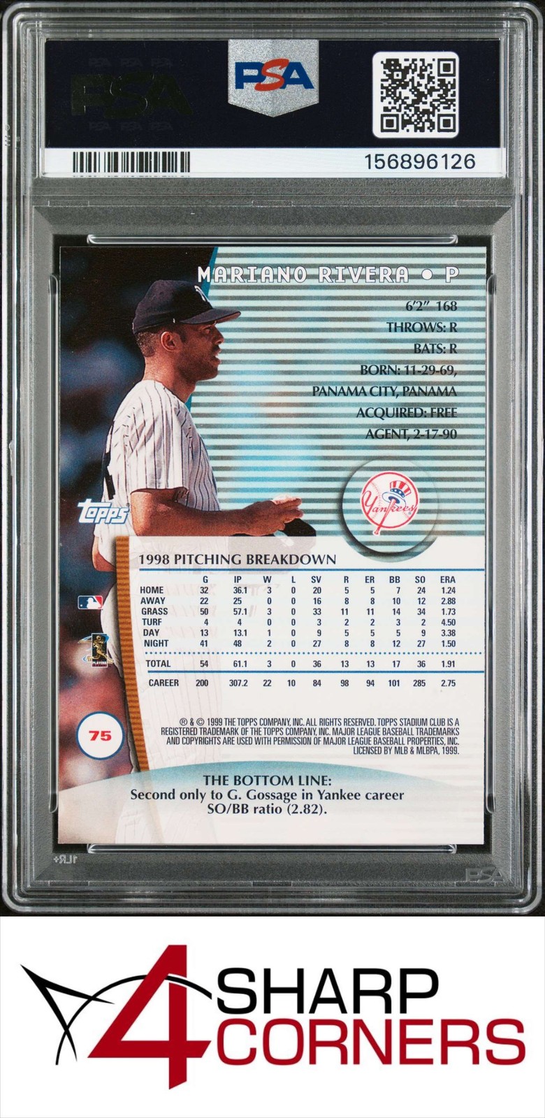1999 STADIUM CLUB #75 MARIANO RIVERA YANKEES HOF PSA 10 view 2