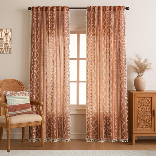 Lino Rosa 72 Inch Long Sheer Boho Curtains for Living Room,Floral Pattern Semi L - 第 2/8 張圖片