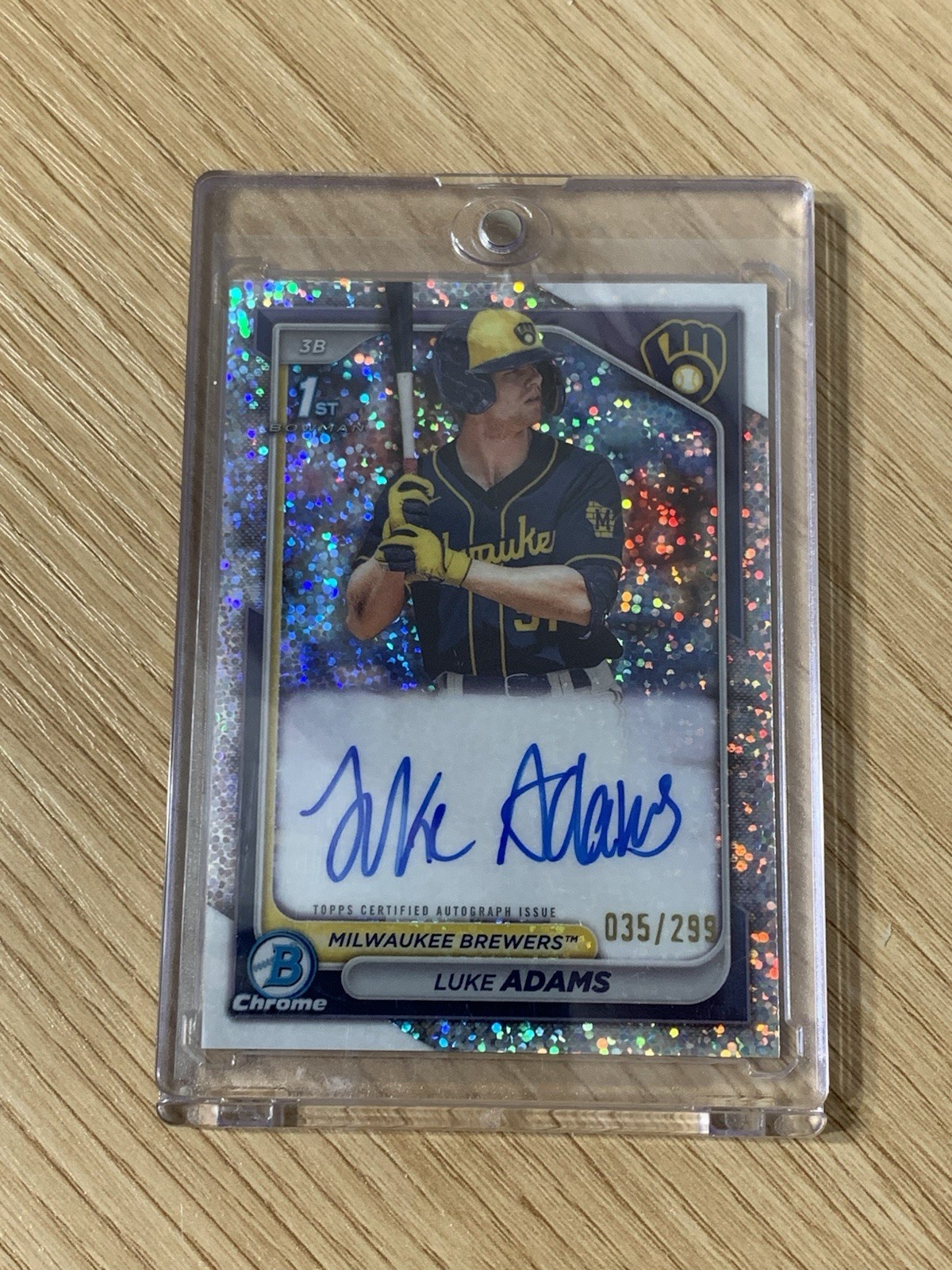 Luke Adams 2024 Bowman Chrome Auto Speckle Refractor 1st Prospect #/299 Brewers
