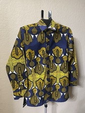 African Style Shirt Mens Medium Blue Yellow Tribal Print