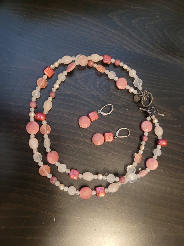 Pink Pearl Clear Whitel Beads Necklace Choker And Earrings