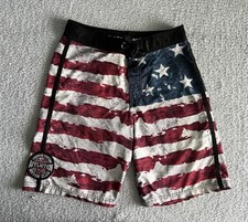 Affliction Board Shorts Men  s Sz 31 Red Flag Hybrid Swim Surf Wicking