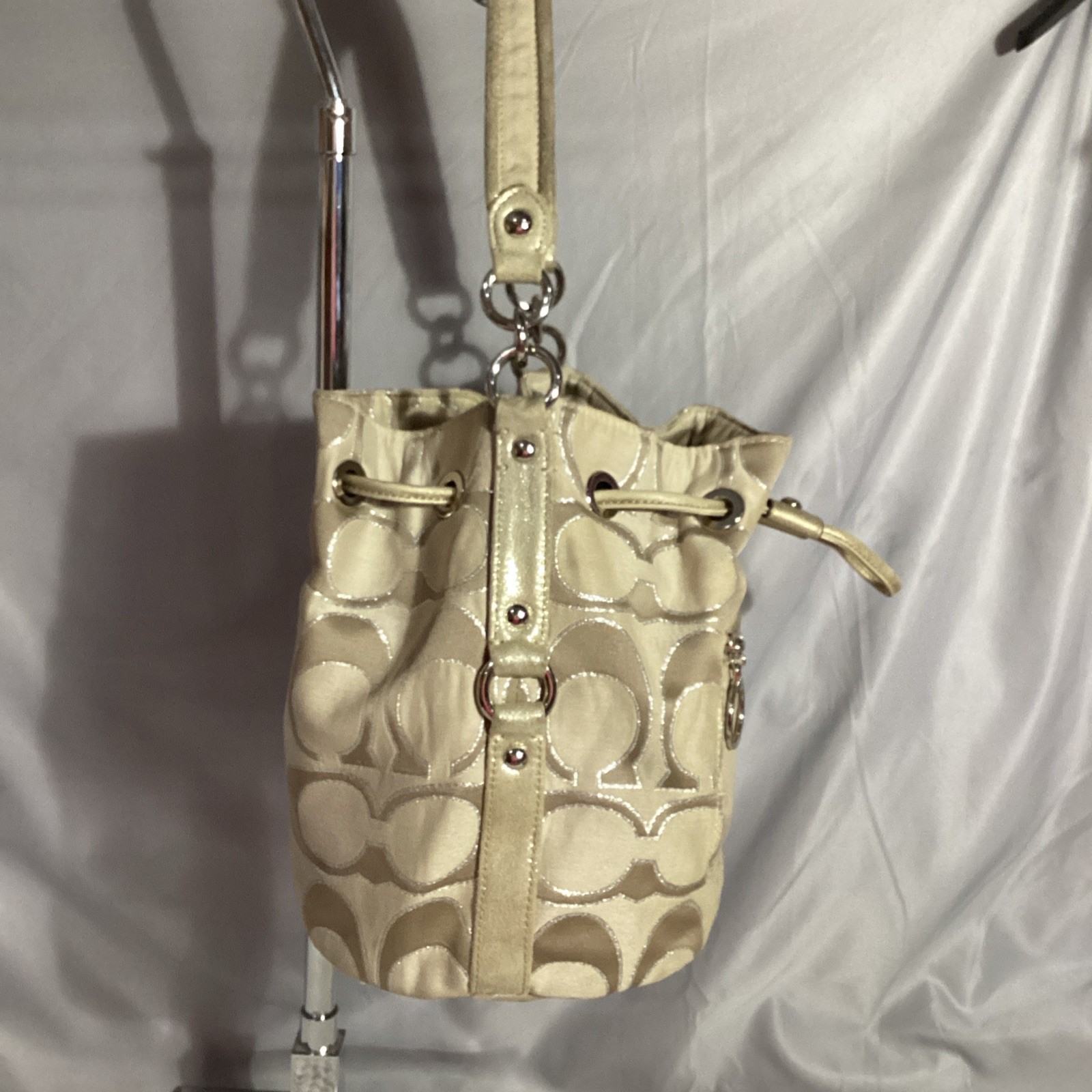 Coach Signature Tan Poppy Lurex Drawstring Bucket Shoulder Bag #17930 thumbnail 4