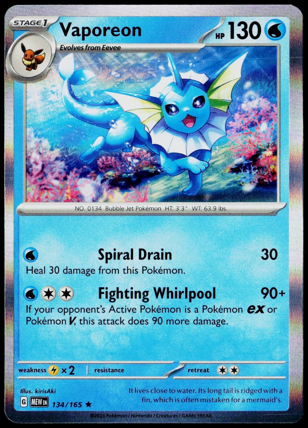 Vaporeon 134/165 Rare 151 Pokemon Holo Lightly Played