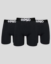 PSD Men's Boxer Briefs Solids 3 Pack, Black - 7" Inseam - All Sizes - SALE