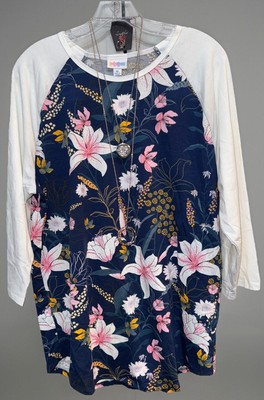 NEW 2.0 LuLaRoe XL Navy Blue White Pink Tropical Floral Randy Baseball Tee