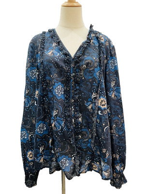 Odd Molly Batik Long Sleeve Button Down Ruffle Shirt Size 3 L Boho Party Holiday