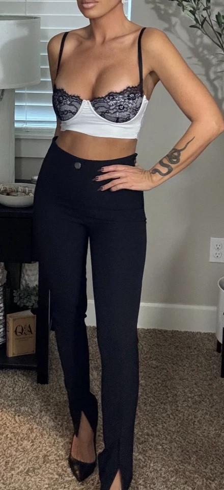 New Sexy Black White Lace Eyelash Detail Low Cut Cropped Crop Tank Stretch Top - Image 2 of 4