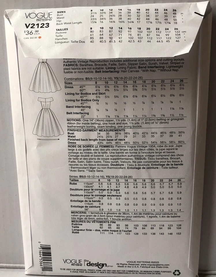 Vogue Patterns V2123 Misses 1950s Evening Dress Sizes  18-26 New Uncut. - Image 2 of 2