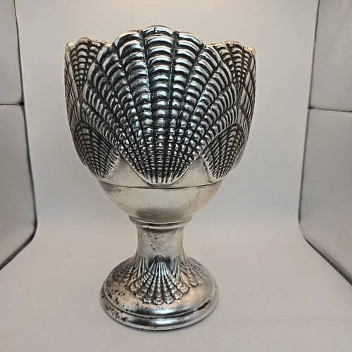 VTG McCoy Pottery Antiqua Silver Sea Shell Pedestal Vase Planter Coastal 9.25 In