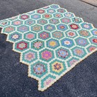 Vintage Handmade Grandmother's Flower Garden Quilt Scalloped Edge 90x87 Cotton — photo 1