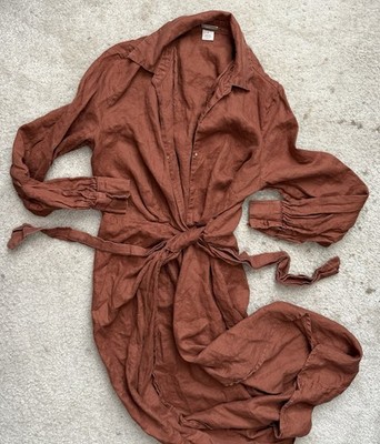 Magaschoni Womens 6 / S Lightweight Vintage 100% Linen Cinnamon Open Wrap Dress