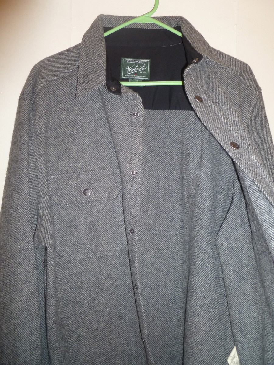 Woolrich Gray Herringbone Wool Blend Button Shirt Jacket, Size L
