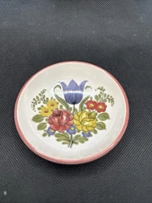 Hand Painted Small Trinket Dish Floral Leaf Pattern Pink Rim Pottery Marked PV