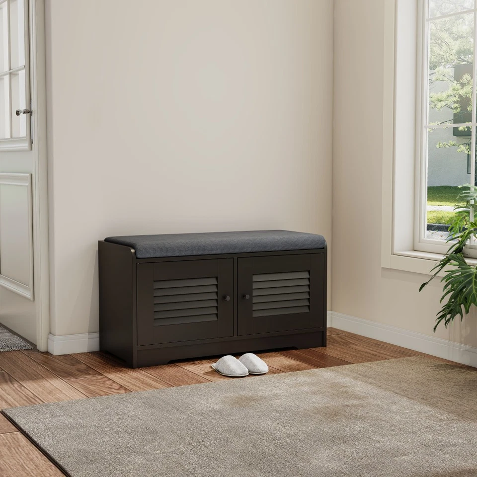 Banco de almacenamiento de zapatos de 28,74 pulgadas cojín de gabinete de 2 puertas estantes ajustables entrada Foto 4 de 4