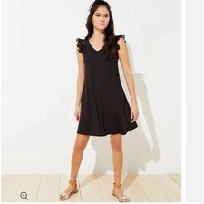 LOFT Lace Ruffle Cap Sleeve Jersey Knit Swing Dress SZ Small Petite Black NEW