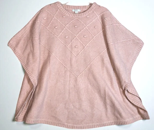 LOFT Womens M/L Knit Pink Bobble Poncho Sweater Soft Oversized Pullover wool mix