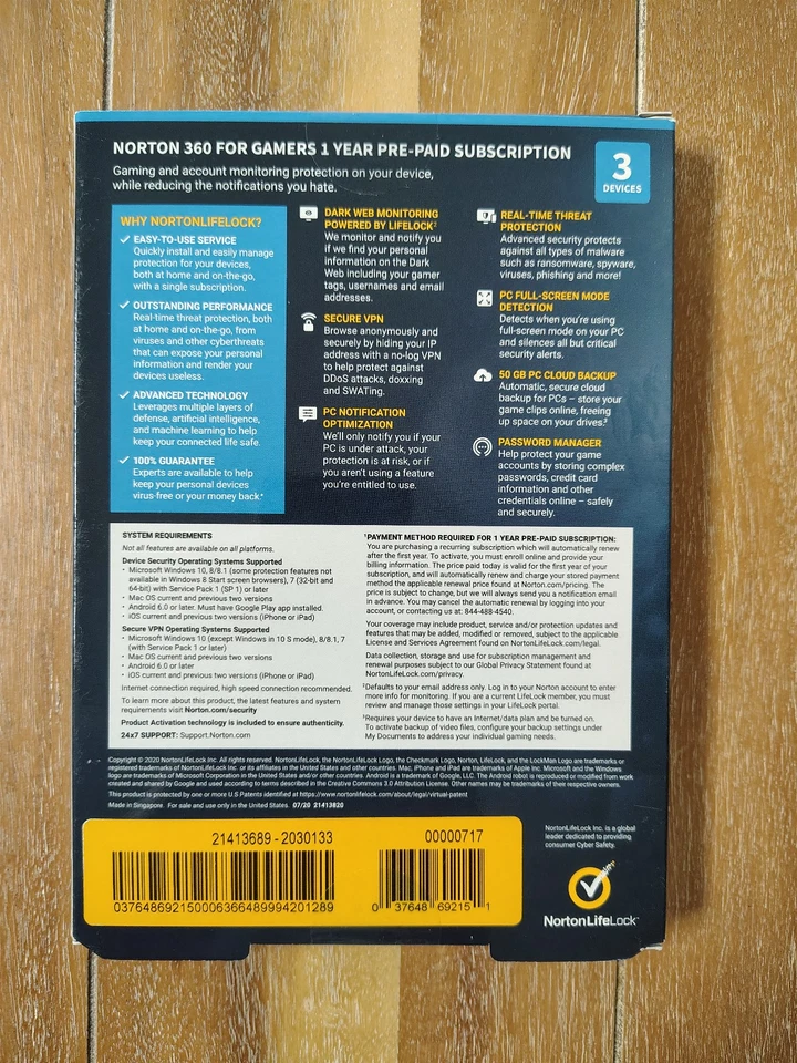 NORTON 360 FOR GAMER INTERNET SECURITY 2025 (3 DEVICE/1 YEAR) BRAND NEW - Image 2 of 3