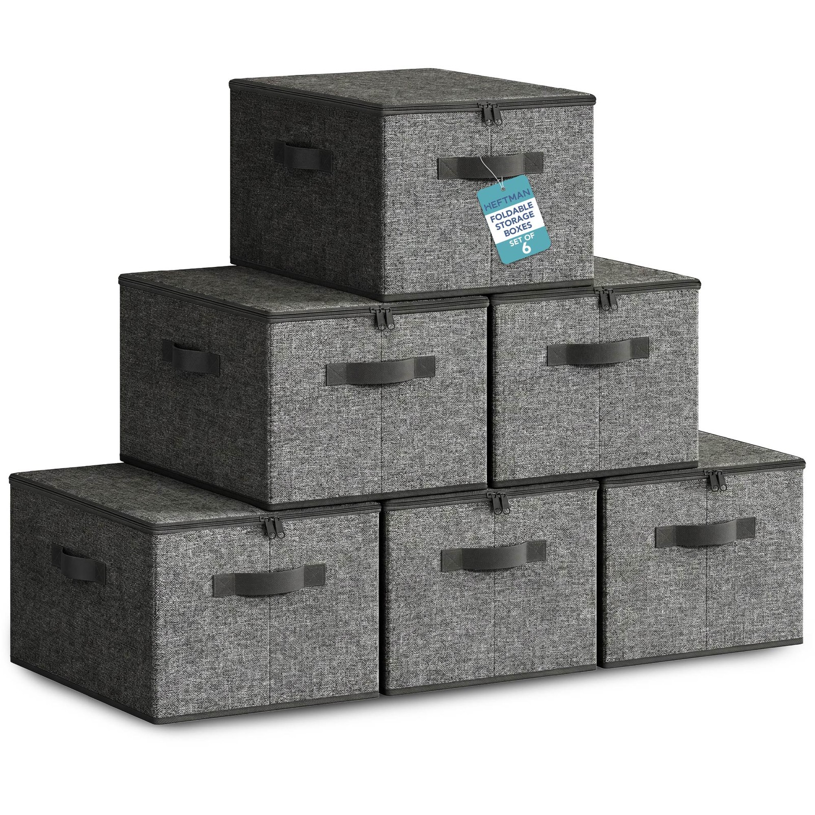 HEFTMAN Foldable Storage Boxes With Lids 40 X 30 X 25cm Dark Grey Set of 6
