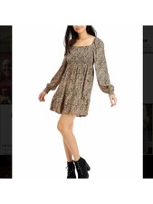 LOVE FIRE Womens Shift Above The Knee Dress Brown Long Sleeve Juniors M