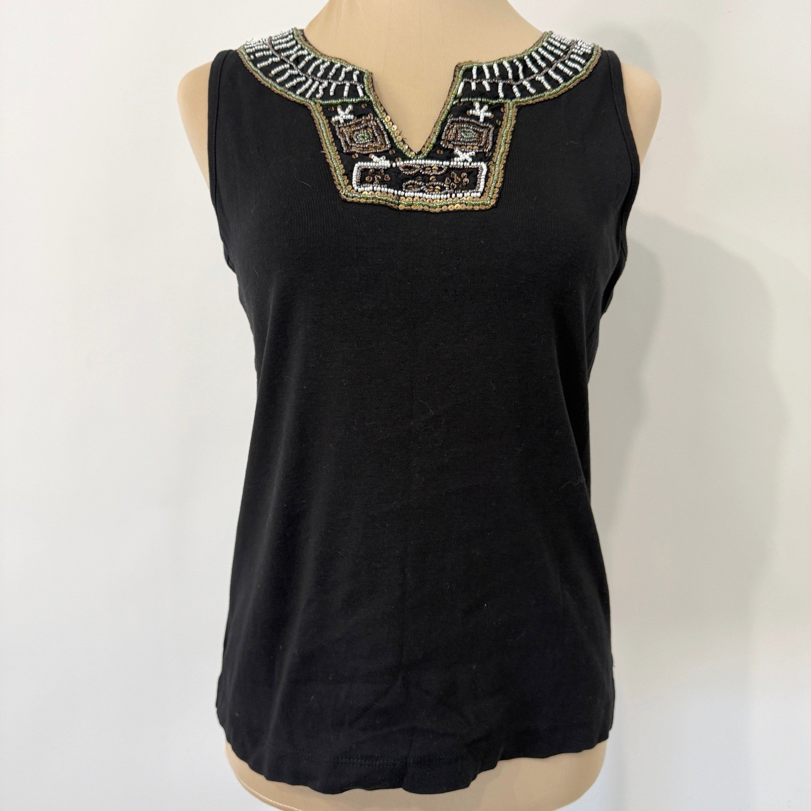 White Stag Beaded Neckline Tank Top Womens S Black Sleeveless Tee Boho