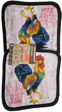 SET OF 2 SAME PRINTED KITCHEN POT HOLDERS (7"x7") ROOSTER ON PINK, black back,HS
