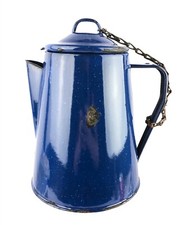 Blue Speckled Enamelware Camping Coffee Pot Cowboy Graniteware Chained Lid 2 Qt