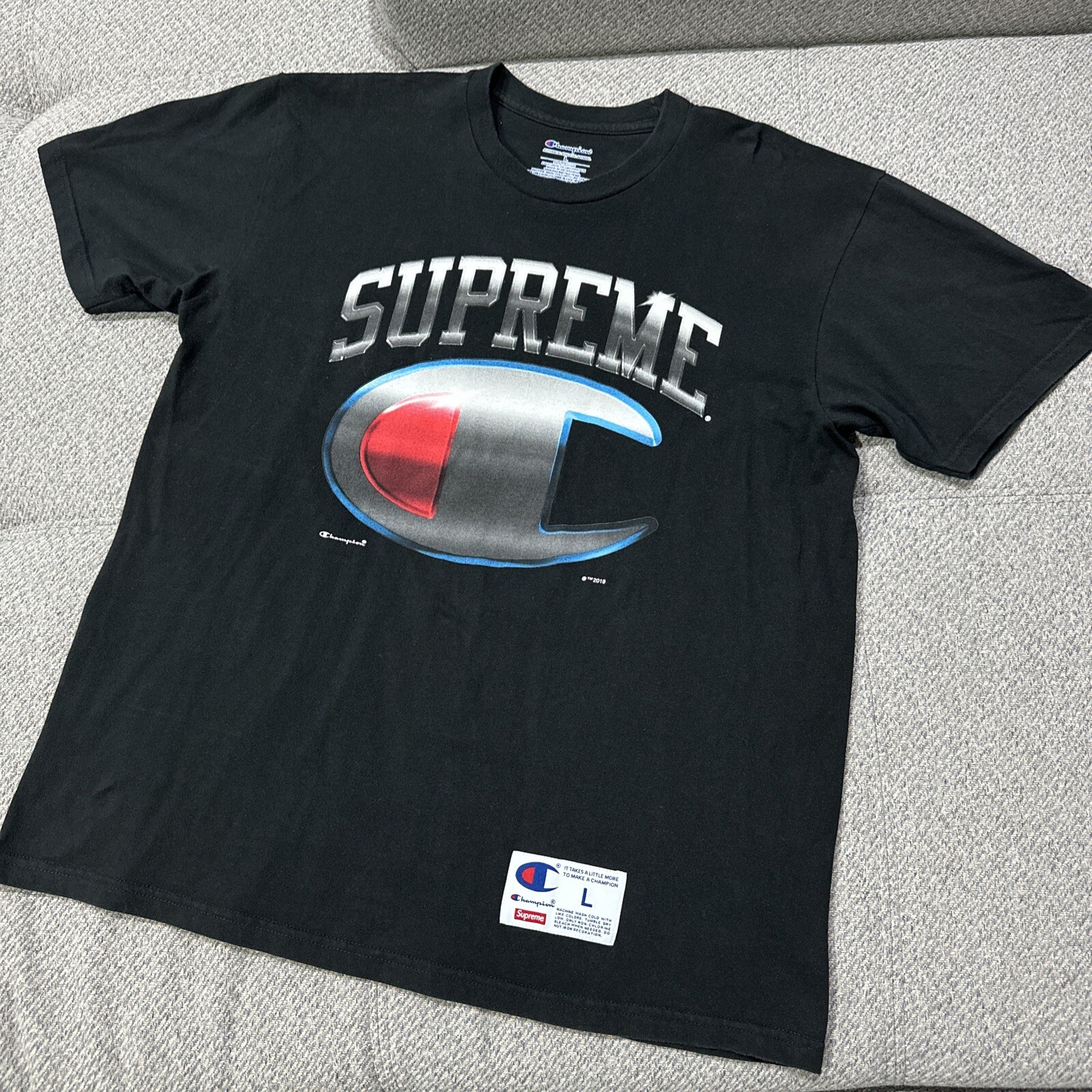 Supreme NY Champion Chrome T-Shirt Black SS19 Size Large Short