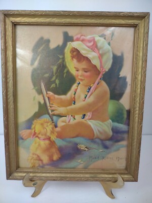 Vintage Mable Rollins Harris Litho Print Picture Framed Baby W Mirror 11 1/4'' 