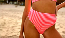 American Eagle Aerie Crinkle High Cut Cheeky Bikini Bottom SMALL Pink Stripe