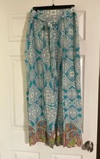 Johnny Was Wrap Pants Beautiful Ocean Blue Mayan inspired print Slit Wide Leg