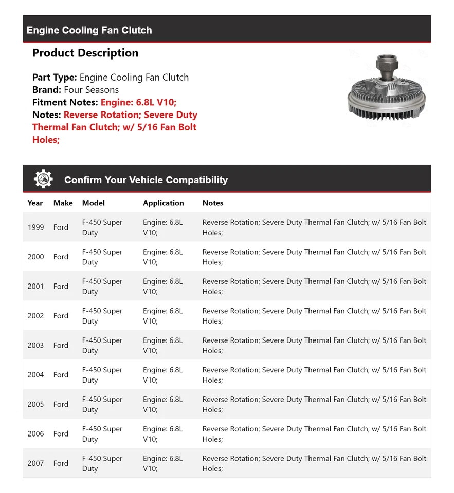 Муфта вентилятора охлаждения двигателя V10 для Ford F-450 Super Duty 1999-2007 годов выпуска 6,8 л 4 сезона - Изображение 2 из 4