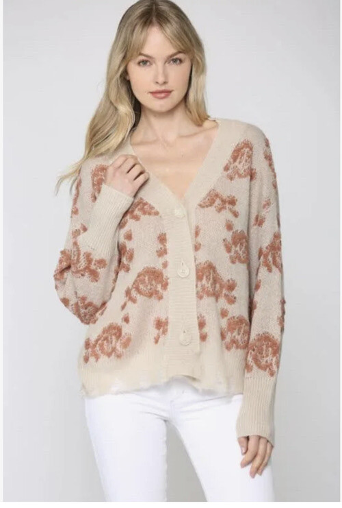 Fate by LFD Flora Knit Distressed Beige Tan Oversized Cardigan Women Size  Medium