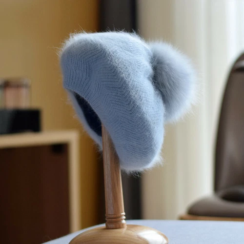 New Women Knitted Hat Real Fox Fur Pom Pom Beret Rabbit Fur Warm Cute Cap Winter - Picture 18 of 18