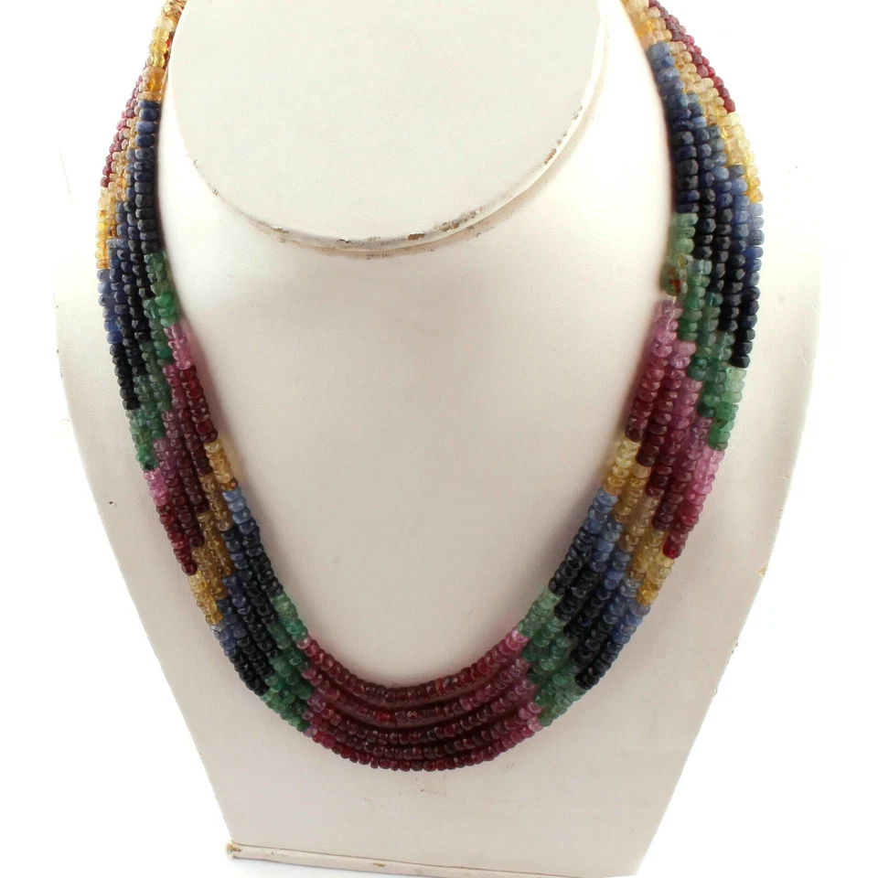 5 Strand Natural Of Emerald Sapphire Ruby Multi Gemstone Beaded Necklace Jewelry - Image 2 of 4