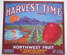 Original HARVEST TIME apple crate label C.F. Schaefer Co Yakima WA orange moon
