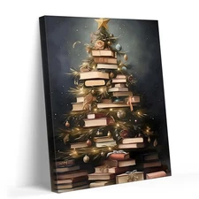 Creative Christmas Book Tree Pictures Modern Framed Canvas Wall Art for Bedroom