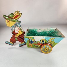 Vintage J. Chein Tin Litho Easter Bunny W/ Wagon Toy