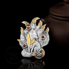 Vintage Thai Silver Nine Tailed Fox Pendant Mythical Spirit Animal Amulet Charm