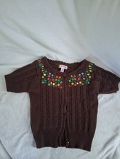 Girls Sz 14 FANG Brown Floral Embroidered Short Sleeve Sweater