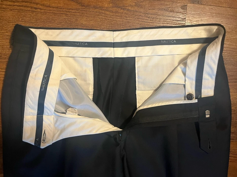 Calças masculinas vintage Nautica 35x31 de lã preta plissada algemada  - Imagem 4 de 4