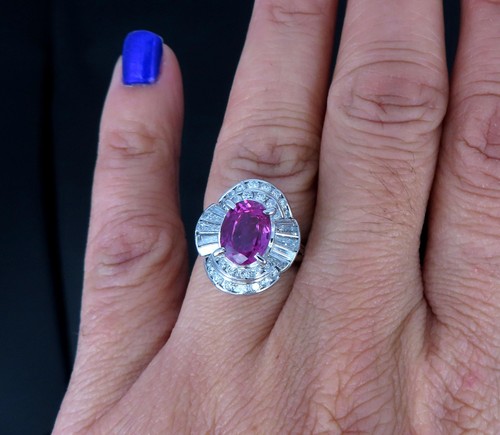 Fine GIA Certified 2.58ct Intense Pink Sapphire & 1.23ct Diamond Platinum Ring - Afbeelding 11 van 13