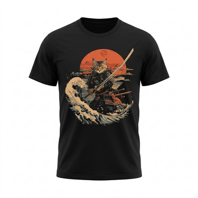 Samurai Cat Great Wave T-Shirt Japanese Ukiyo Art Graphic Tee Gift