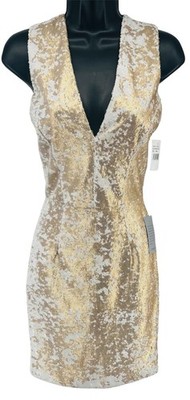 NWT Dress The Population Cody Sequin Deep V-Neck Sheath Dress White Gold Sz S
