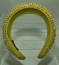 Neon Yellow Padded Fabric Headband Hair Accessory W/Rhinestone Bling Handmade
